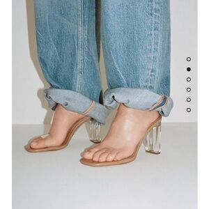 Zara Brown Leather Footbed Clear Strap Block Heel Sandals